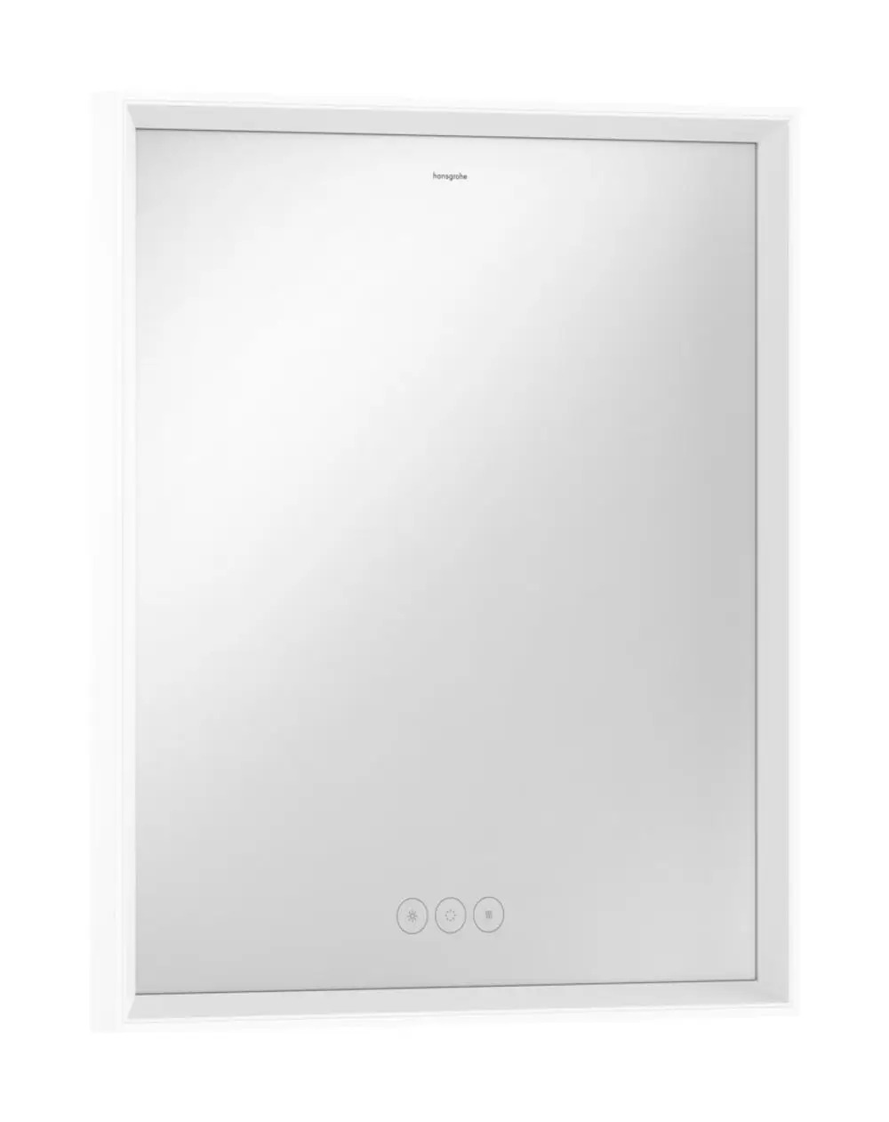 Weiße Wandspiegel mit LED-Beleuchtung und kapazitivem Berührungssensor von Hansgrohe, rechteckig, klare Reflexion, einfache Bedienungsknöpfe.